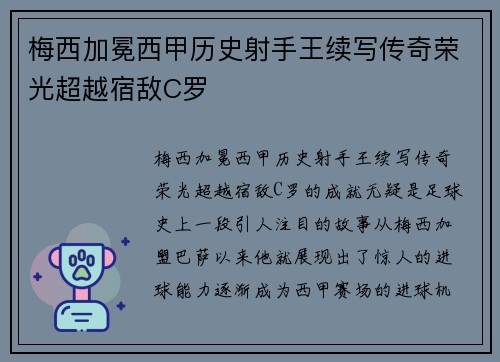 梅西加冕西甲历史射手王续写传奇荣光超越宿敌C罗